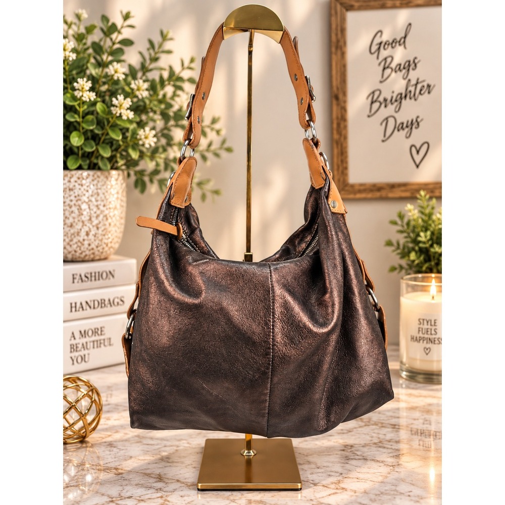 Hogan Metallic Bronze Leather Hobo Bag Made in Italy Tan Trim Lampo Zipper